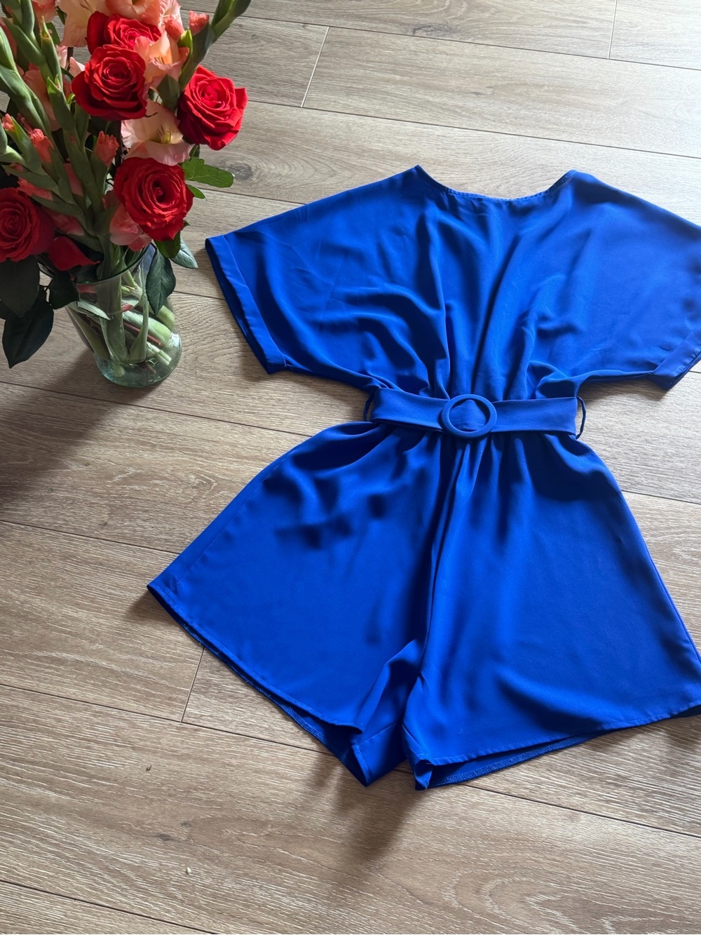 Women's Royal blue Belted Mini Shorts Romper - Picture 3 of 4